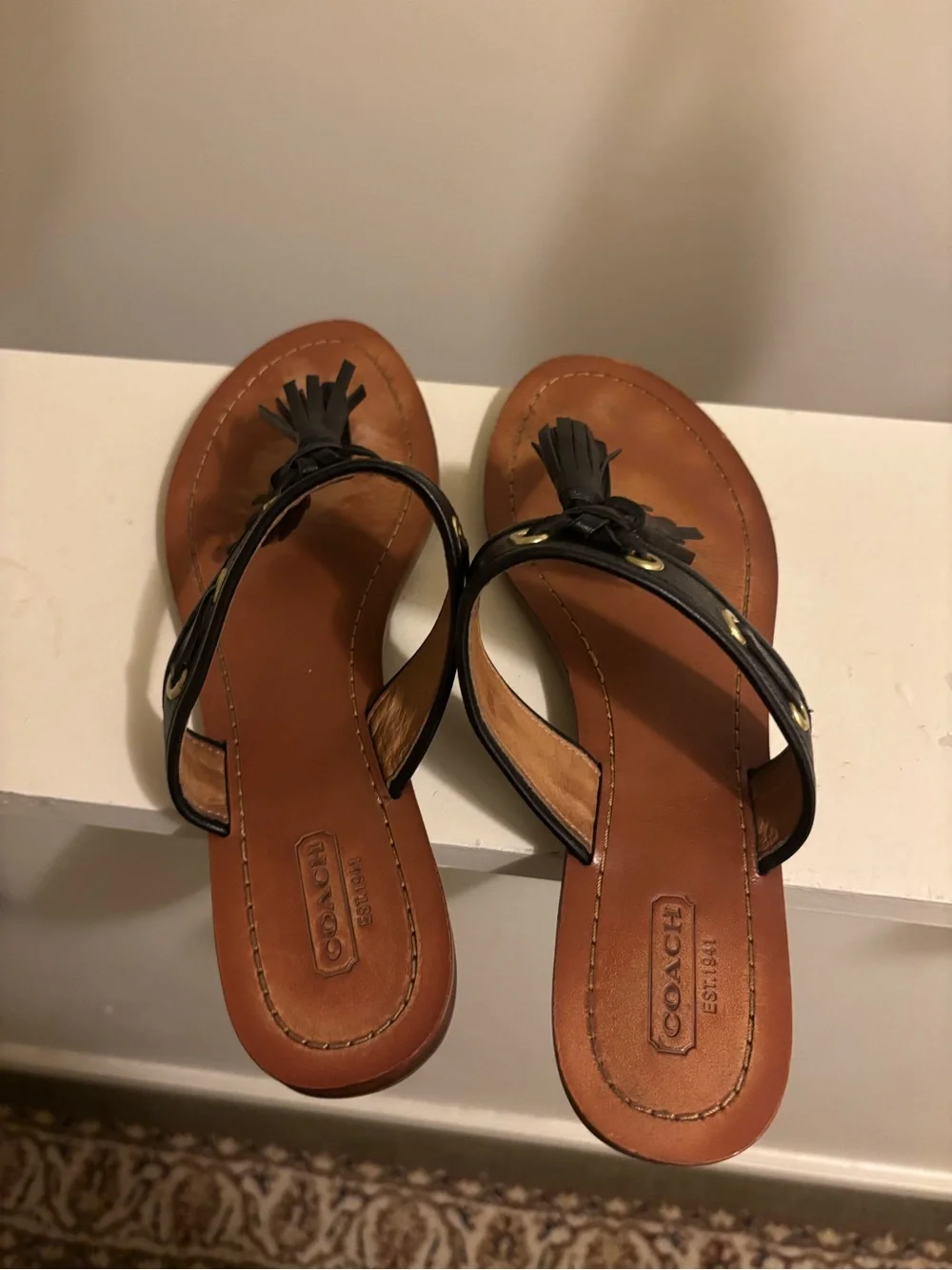 Coach Black Leather Tassel Thong Sandals